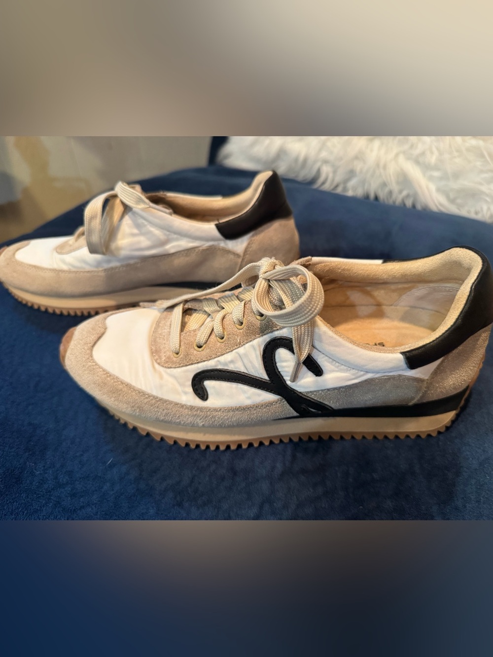 Vaneli Beige White Black Suede Leather Sneakers